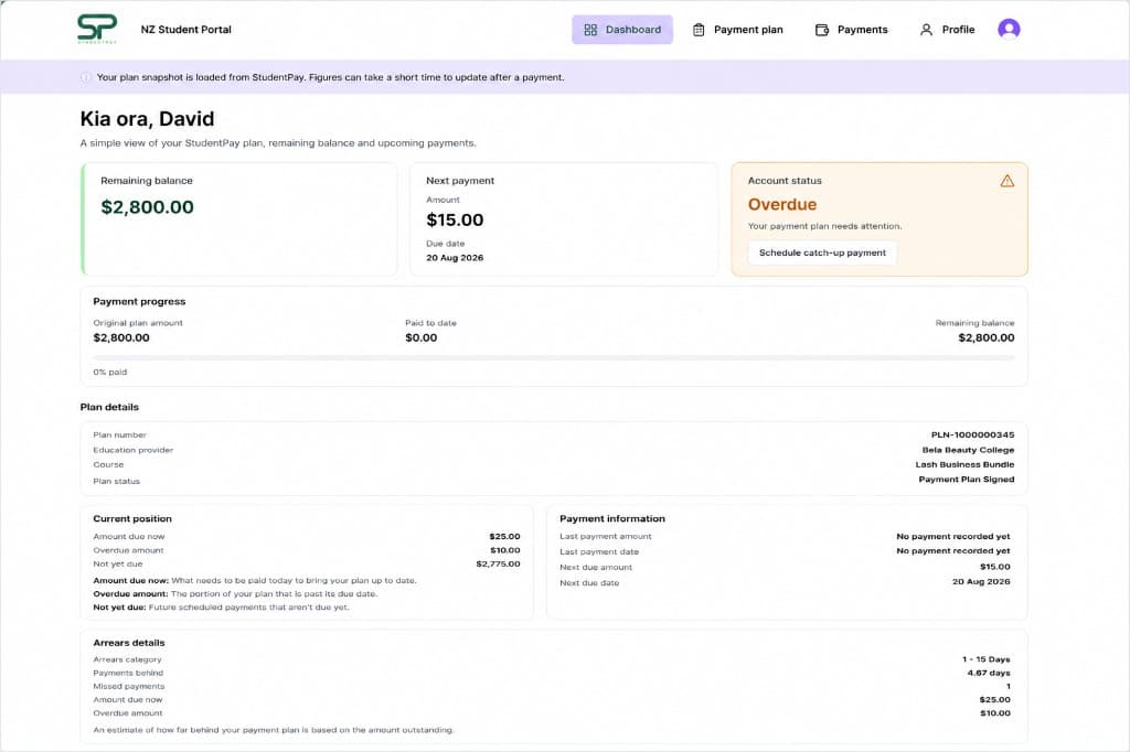 StudentPay Student Portal showing a student's payment plan, remaining balance, next payment and upcoming instalments
