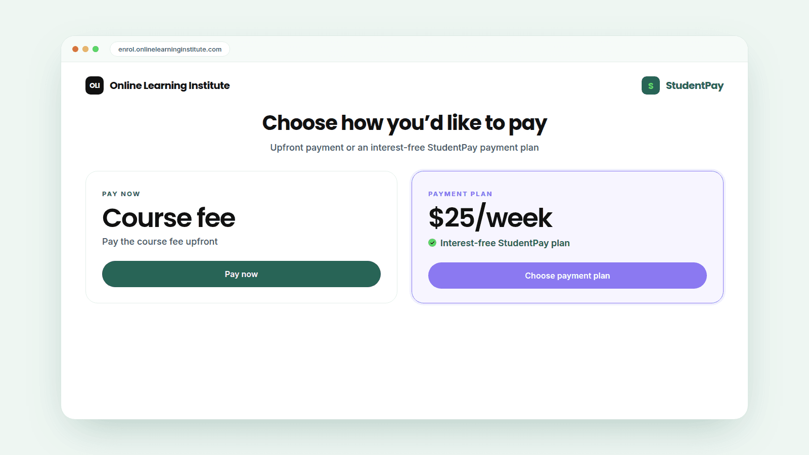 Online Learning Institute enrolment checkout showing upfront payment and StudentPay weekly payment plan options
